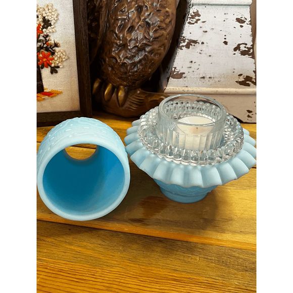 Vintage Fenton Custard Blue Satin Glass Persian Medallion Pattern Fairy Lamp - Picture 4 of 8